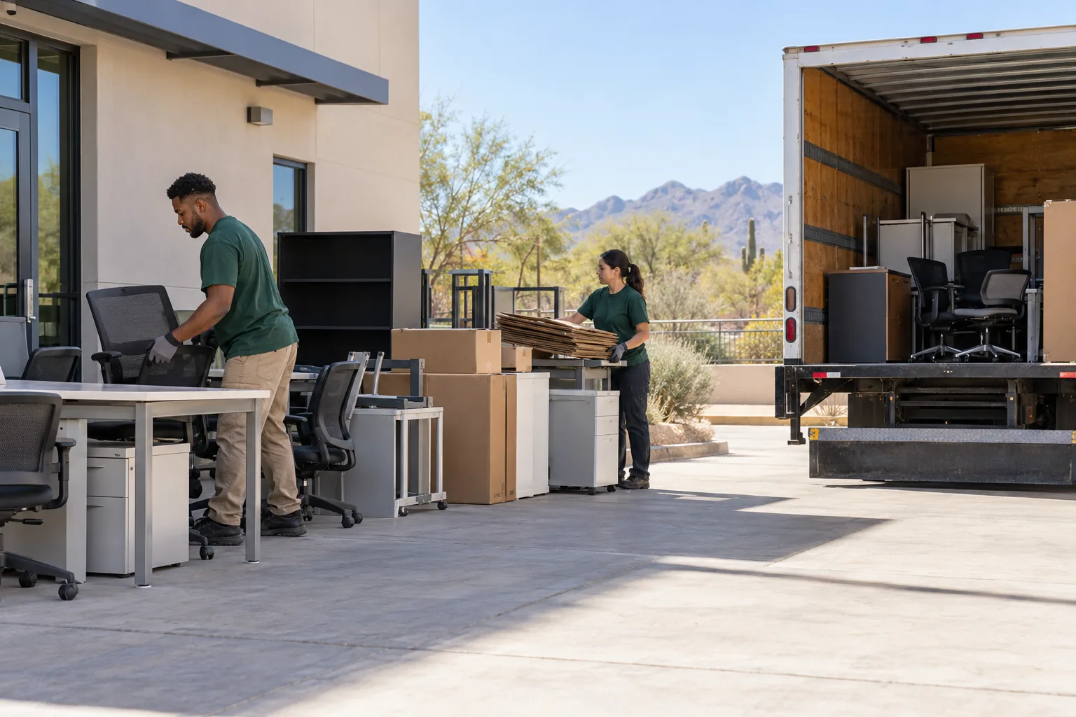 Office furniture and ordinary contents staged along a clear loading path
