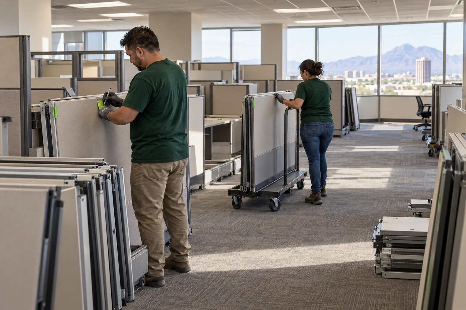 Modular cubicle panels separated and moved on carts in a Tucson office