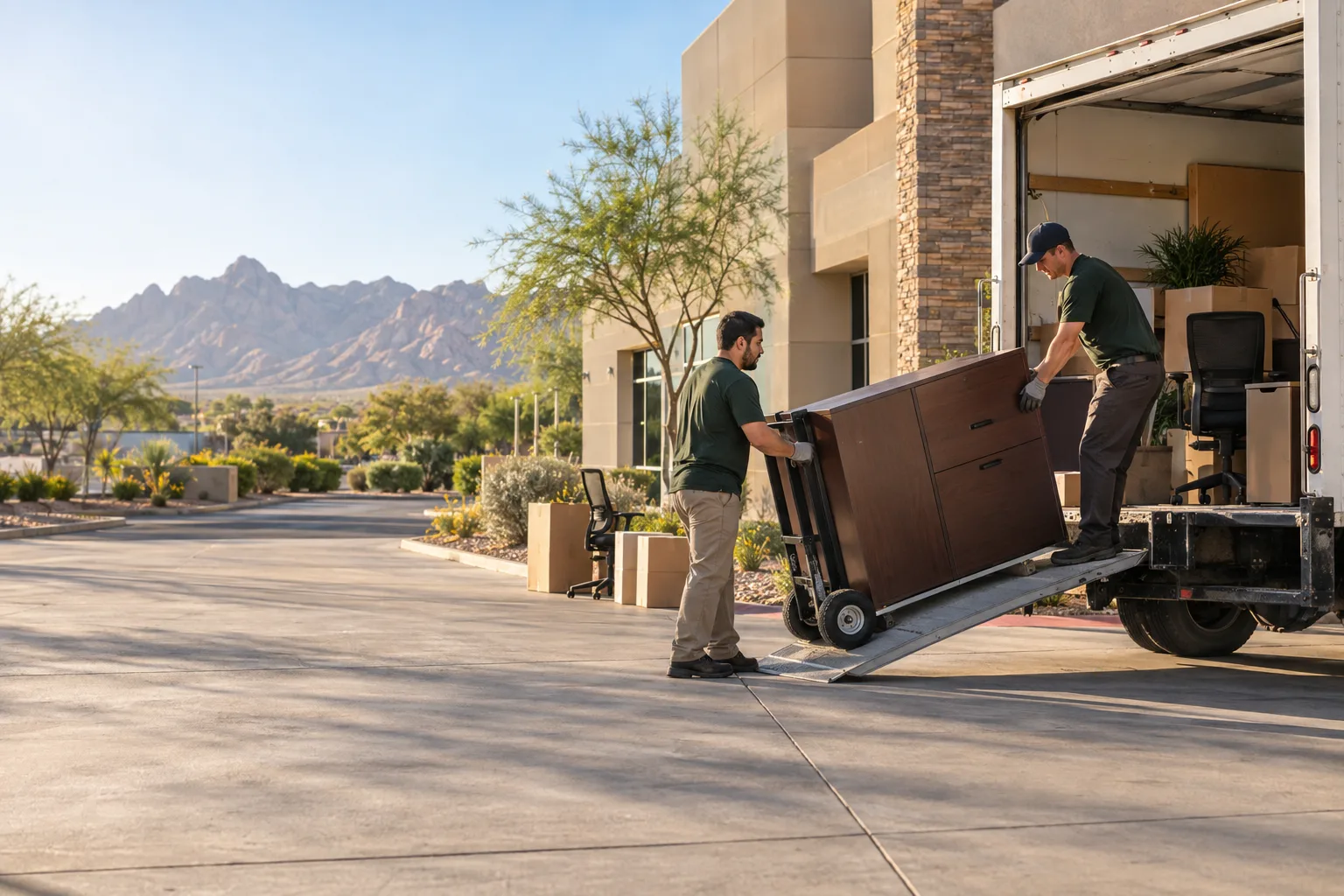 Commercial contents staged for removal beside a Tucson business property