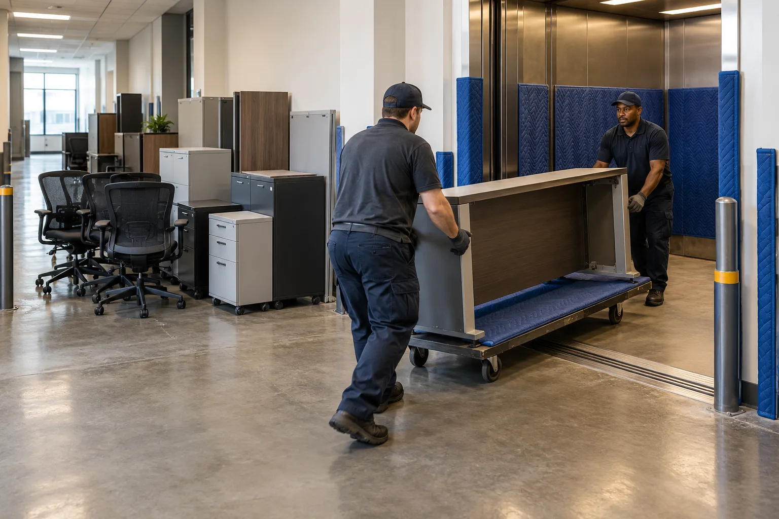 Office desk component moved through a protected commercial loading corridor