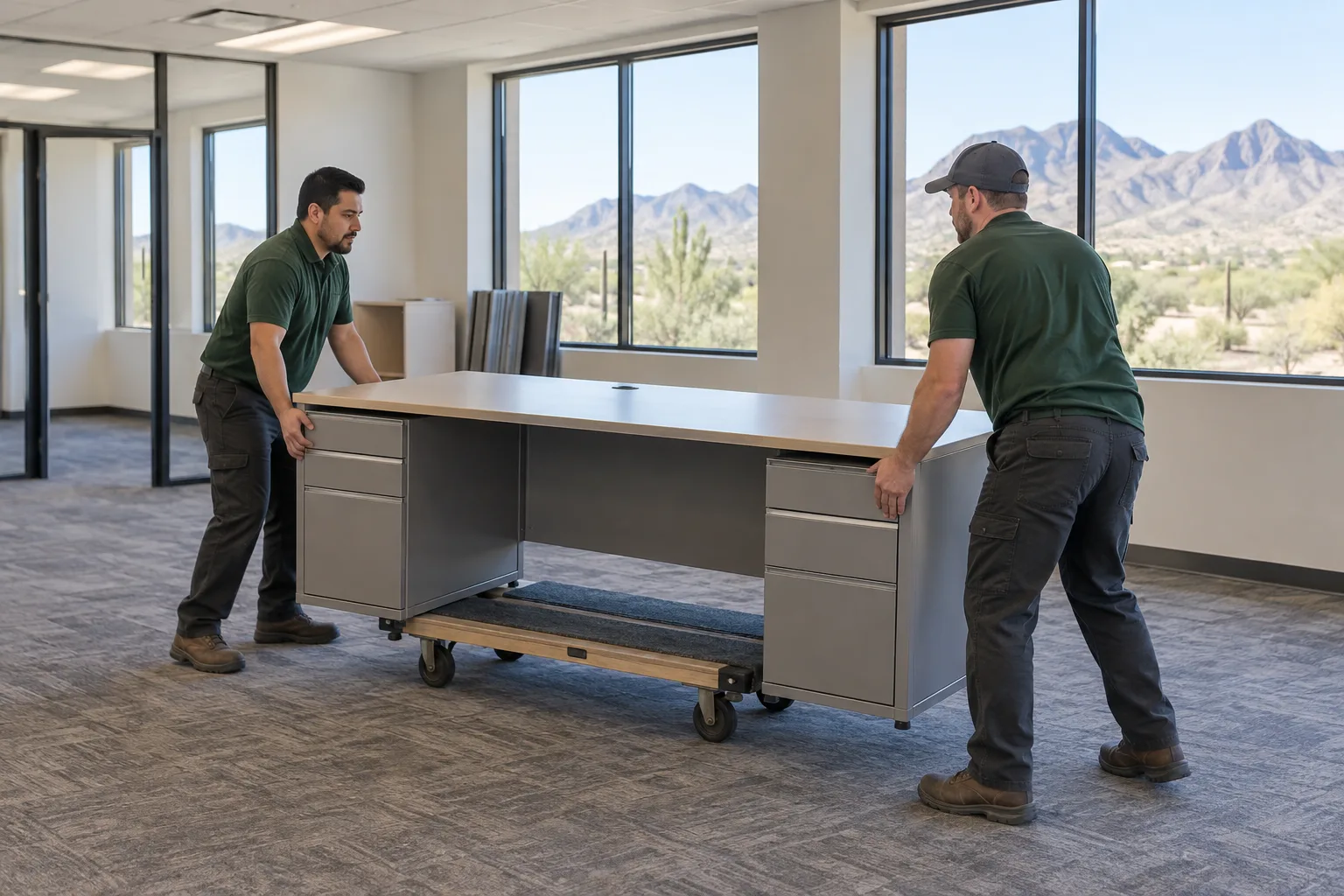 Office desk component moved through a protected commercial loading corridor