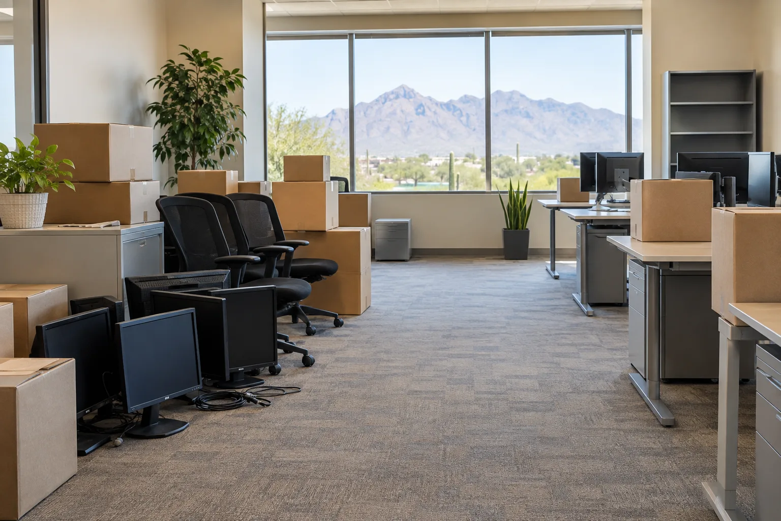 Modular cubicle panels separated and moved on carts in a Tucson office