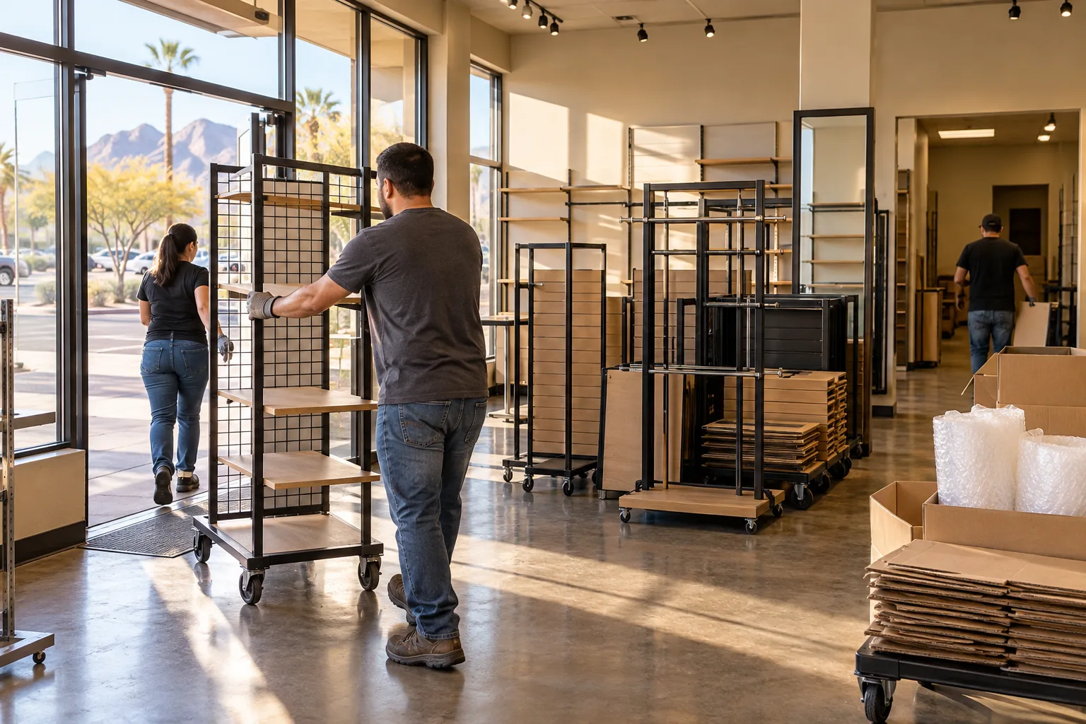Retail display racks moved through an empty Tucson storefront