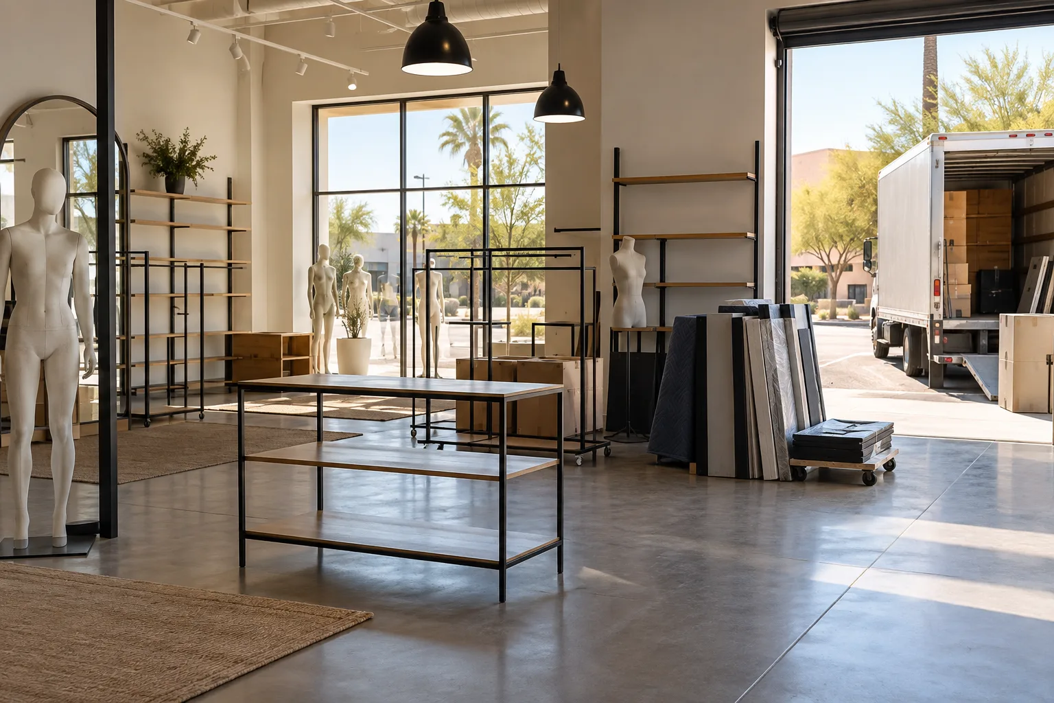 Retail display racks moved through an empty Tucson storefront