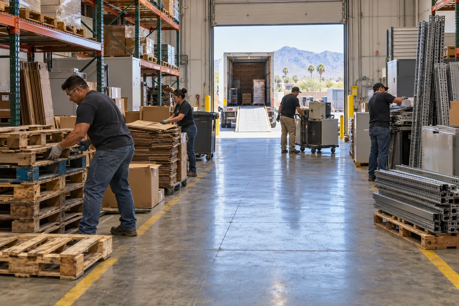 Ordinary warehouse materials grouped beside a clear loading aisle