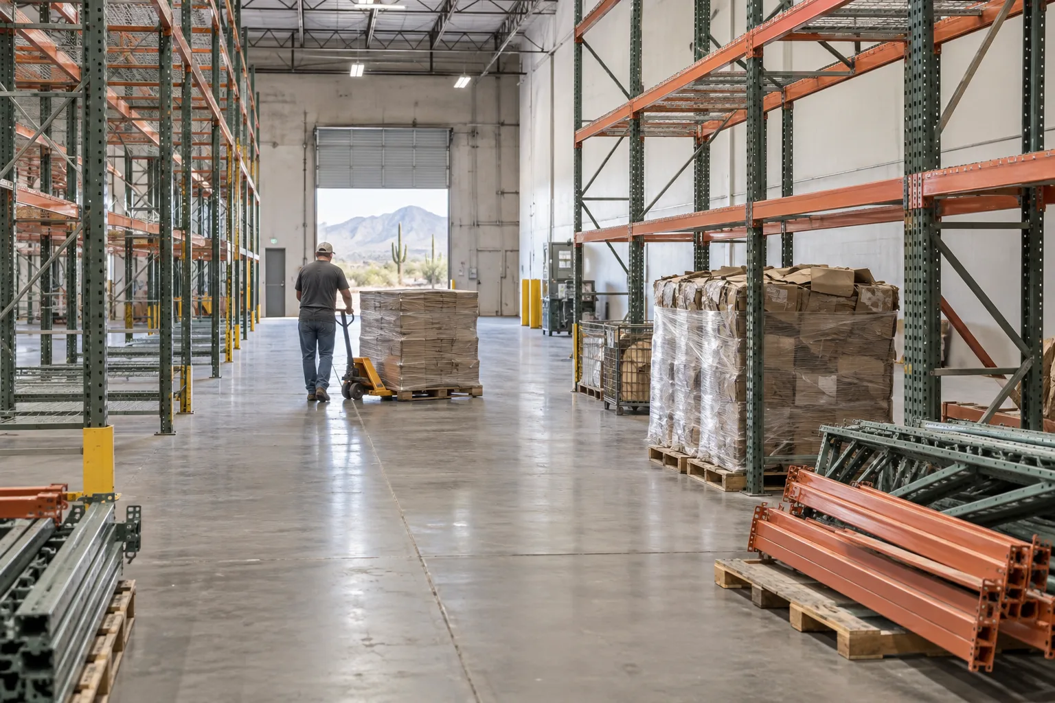Ordinary warehouse materials grouped beside a clear loading aisle